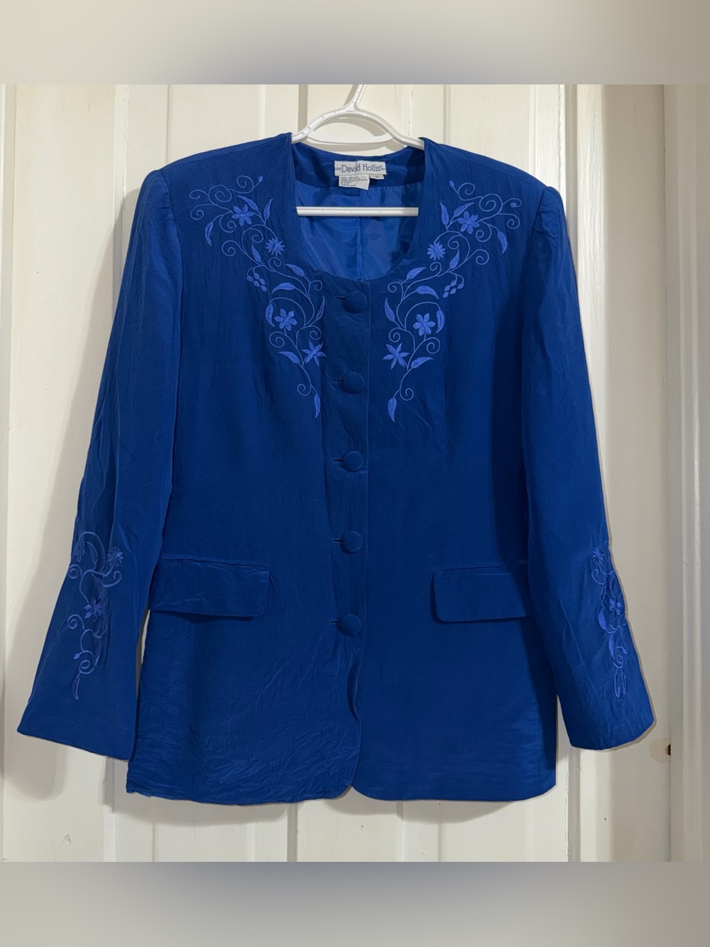 Vintage women’s size 10 blazer Davis Hollis Royal Blue Embroidered Jacket silk